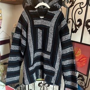 Medium Striped poncho Hoodie Sweater - Black, Gray & Teal
